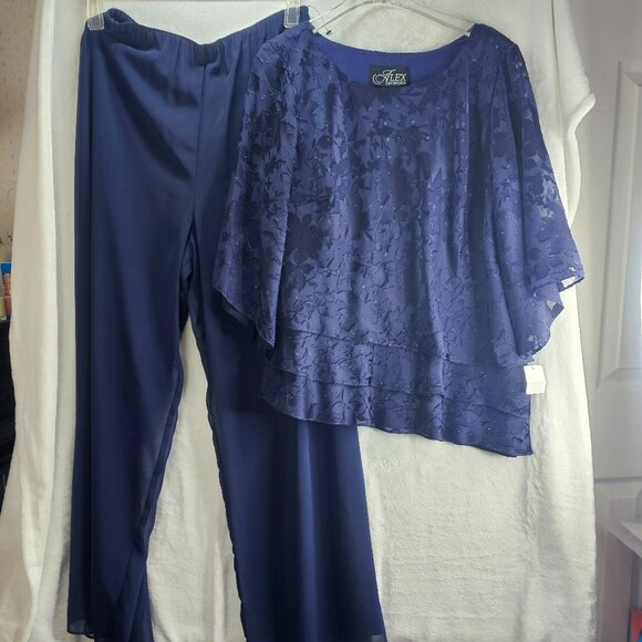 Alex Evenings Blouse Pants Set Women Dark Navy Tiered Hem Round Neck Floral - Picture 1 of 16